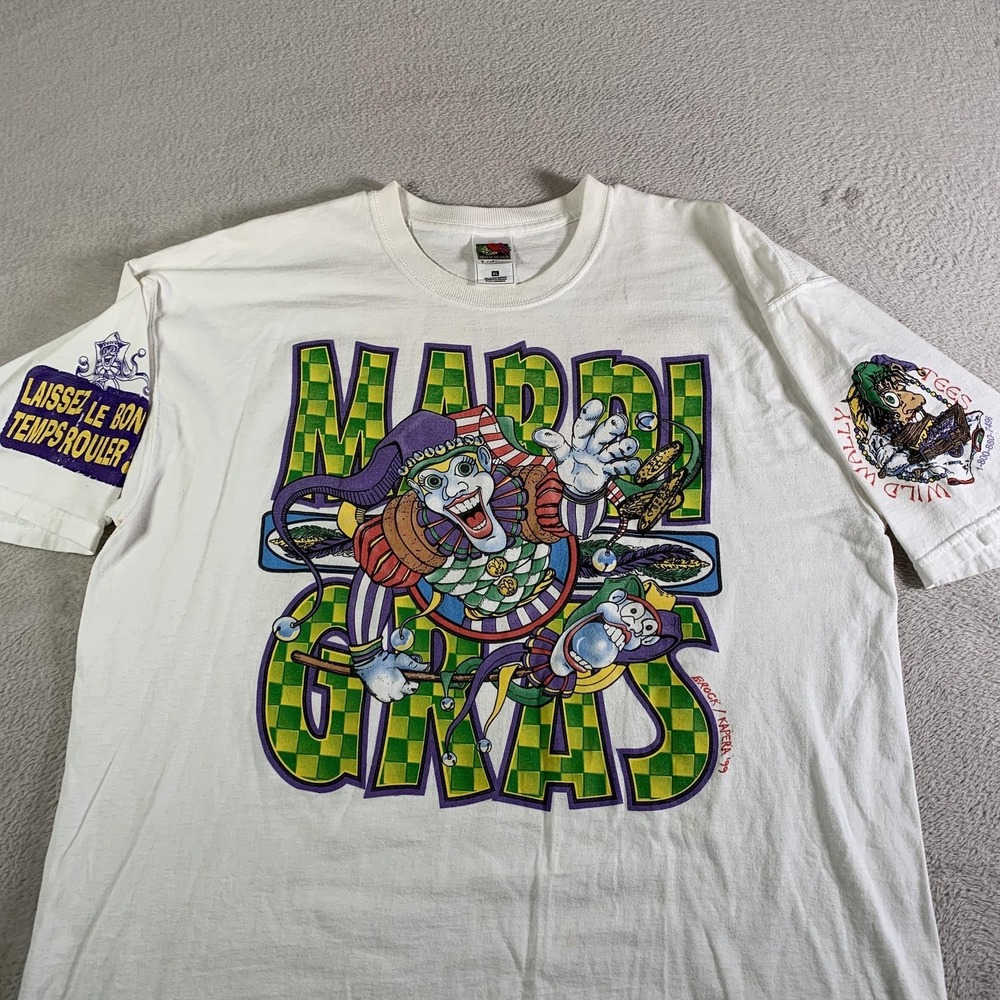 Vintage‎ Mardi Gras Shirt Mens XL White Jester Graphic Fruit Of The Loom 90s